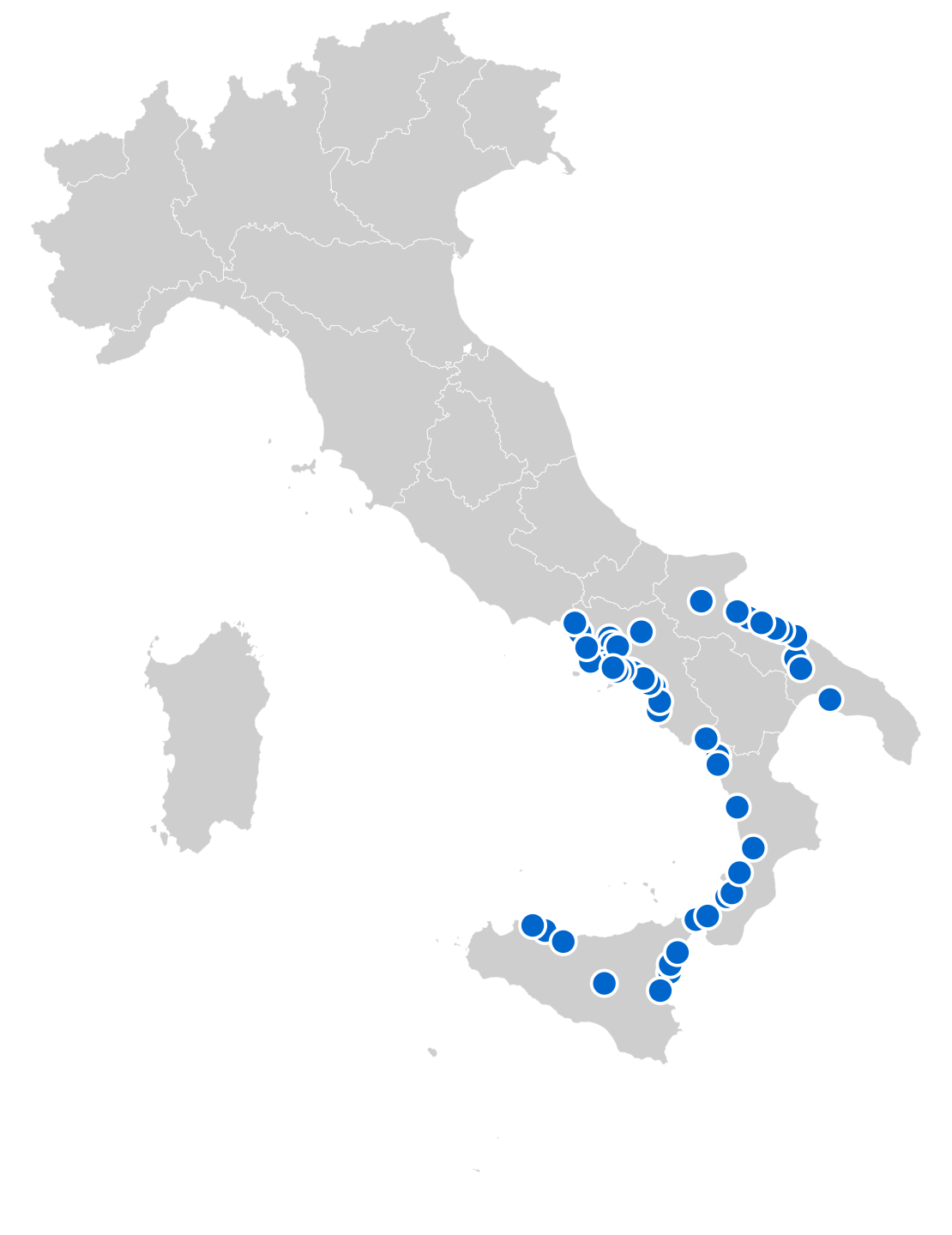 Wi-Life project regional coverage map showing stations in Campania, Calabria, Puglia and Sicily